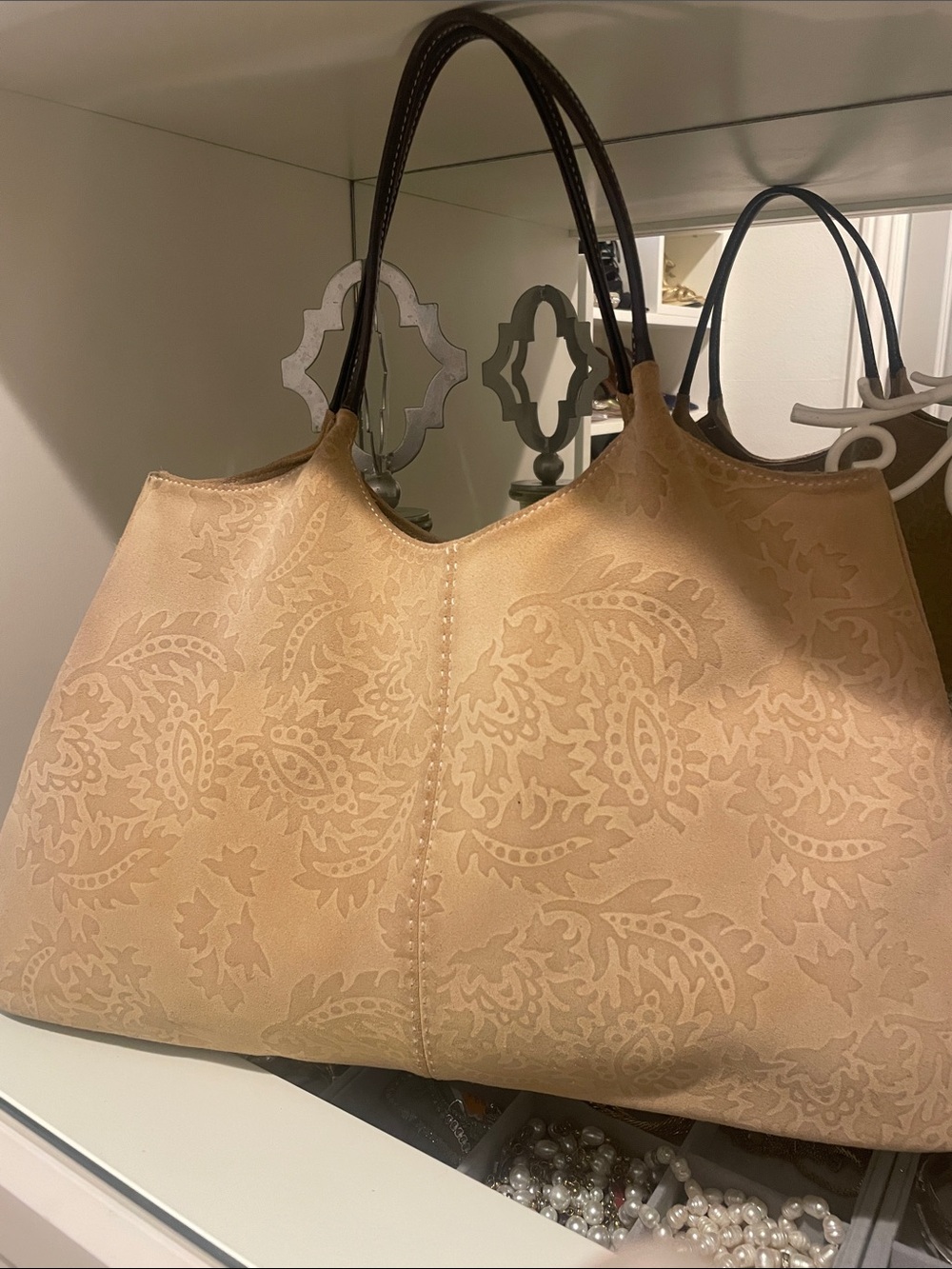 The Limited Beige Paisley-Embossed Tote with Dark Brown Handles
